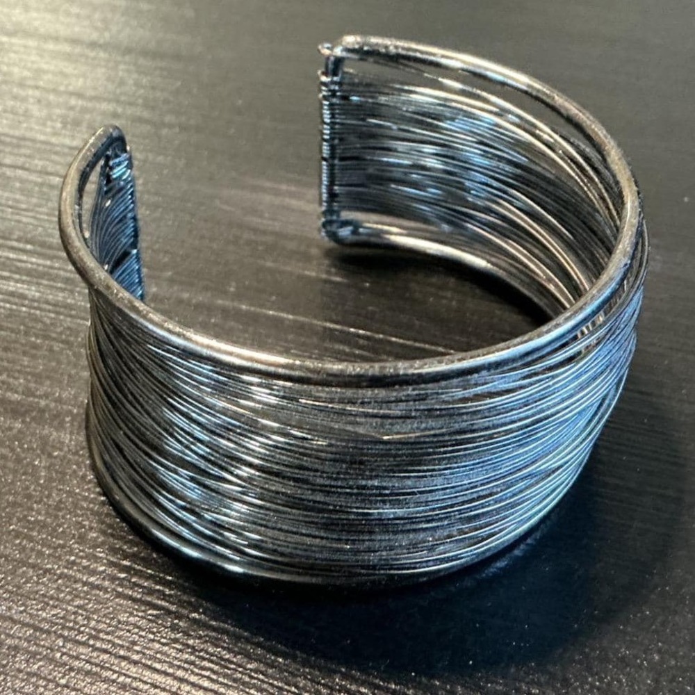 Gunmetal Multi Strand Wire Cuff Bracelet Wide Statement Bangle Modernist Silver